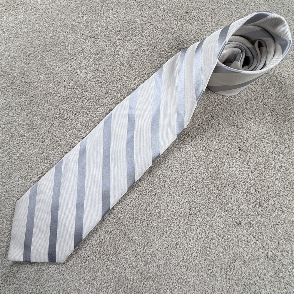 Bruno Piattelli Necktie Mens OS Silver White Excellent Silk Striped Hand Made